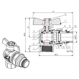 Кран шаровый угловой 1/2" нар.-вн. бабочка (со сгоном) PN40, AV Engineering