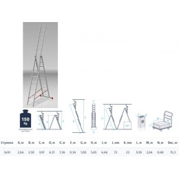 Лестница алюм. 3-х секц. 250/631/264см 3х10 ступ., 15,3кг PRO STARTUL (ST9942-10)