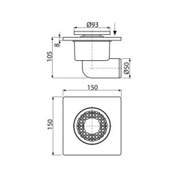 Сливной трап 150х150/50, боковой сток, решетка серая, гидрозатвор мокрый, Alcaplast