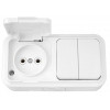 Блок выкл. 2 клав. + розетка (открытая, б/з, брызг. защ.) белая, Пралеска Аква, Bylectrica