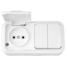 Блок выкл. 2 клав. + розетка (открытая, б/з, брызг. защ.) белая, Пралеска Аква, Bylectrica