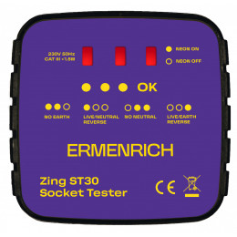 Тестер розетки Ermenrich Zing ST30 (50Гц, 230В, класс перенапряжения III 300В, фиолетовый)
