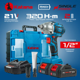 Гайковерт ударный аккумуляторный KATANA UG9401 SinglePOWER(1/2"+1/4",21В,2*2Ач,2ск, 320Нм, кейс)