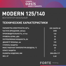 Электровентилятор осевой канальный бытовой Oasis Modern 125/140 (2350 об/мин, 20 Вт, 36 Дб, IP24)